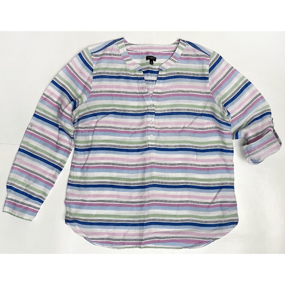 Talbots Petite Women's Size MP Linen Roll Tab Sleeve V-Neck Striped Shirt EUC